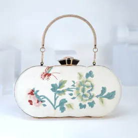 Light Beige Gold Embroidered Rose Floral Bouquet Wedding Bag, Statement Bag, Evening Clutch, Bridal Clutch, White Cross Body Bag