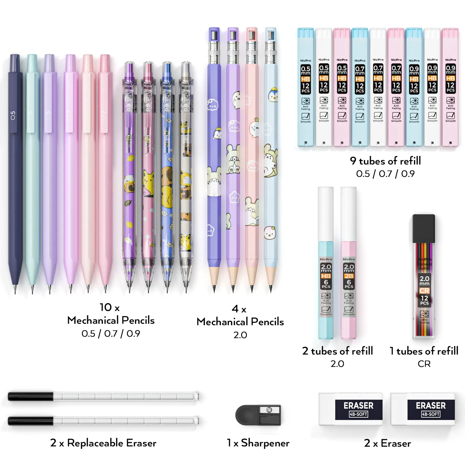 Nicpro 14 PCS Pastel Mechanical Pencil Set in Case, Cute Art Pencils Bulk 0.5 & 0.7 & 0.9 mm & 2mm Graphite Lead Holder, (2B HB Colors) Lead Refills, Erasers For School Drafting Sketching Drawing