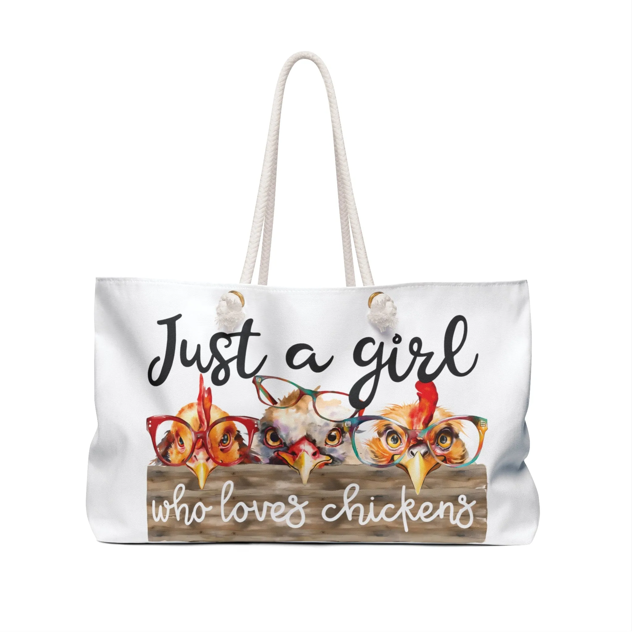 Personalised/Non-Personalised Weekender Bag, Chickens, Quote, Just A Girl Who Loves Chickens, Large Weekender Bag, Beach Bag, Book Bag