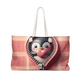 Personalised/Non-Personalised Weekender Bag, Cute Penguin, Valentines Day, Large Weekender Bag, Beach Bag, Book Bag