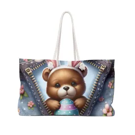 Personalised/Non-Personalised Weekender Bag, Easter, Cute Bear with Bunny Ears, Large Weekender Bag, Beach Bag, Book Bag