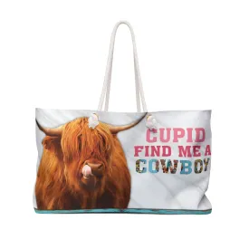 Personalised/Non-Personalised Weekender Bag, Highland Cow, Cupid find me a Cowboy, Large Weekender Bag, Beach Bag, Book Bag