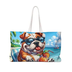 Personalised/Non-Personalised Weekender Bag, Summer Beach Dog, English Bulldog, Large Weekender Bag, Beach Bag, Book Bag