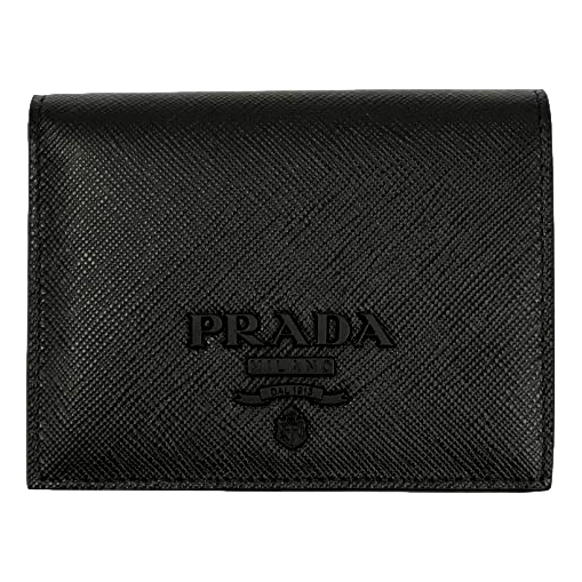 Prada Saffiano Black Leather and Black Logo Bifold Snap Wallet