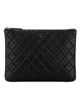 Quilted Caviar Leather Clutch with Zip Closure and Pockets