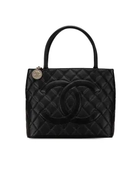 Quilted Leather Medallion Tote with Top Zip Closure