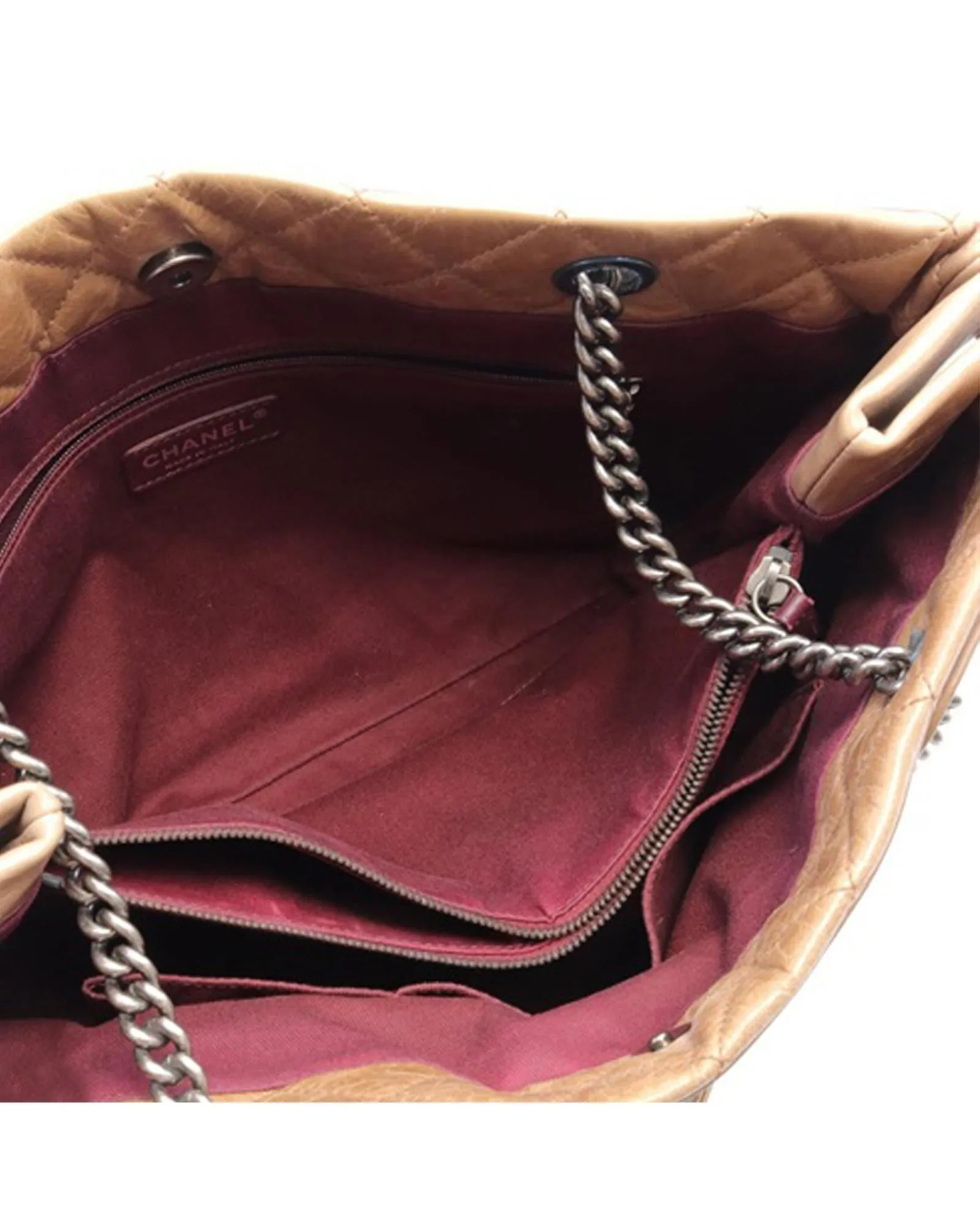 Quilted Leather Tote with Chain Straps and Interior Zip Compartments