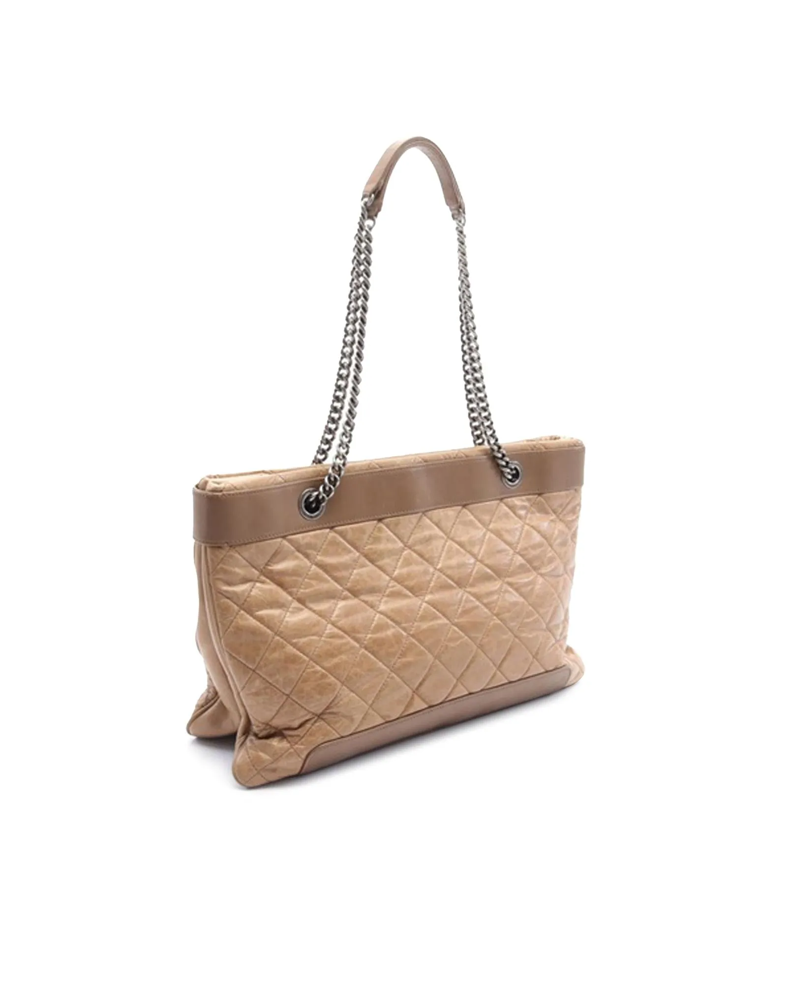 Quilted Leather Tote with Chain Straps and Interior Zip Compartments