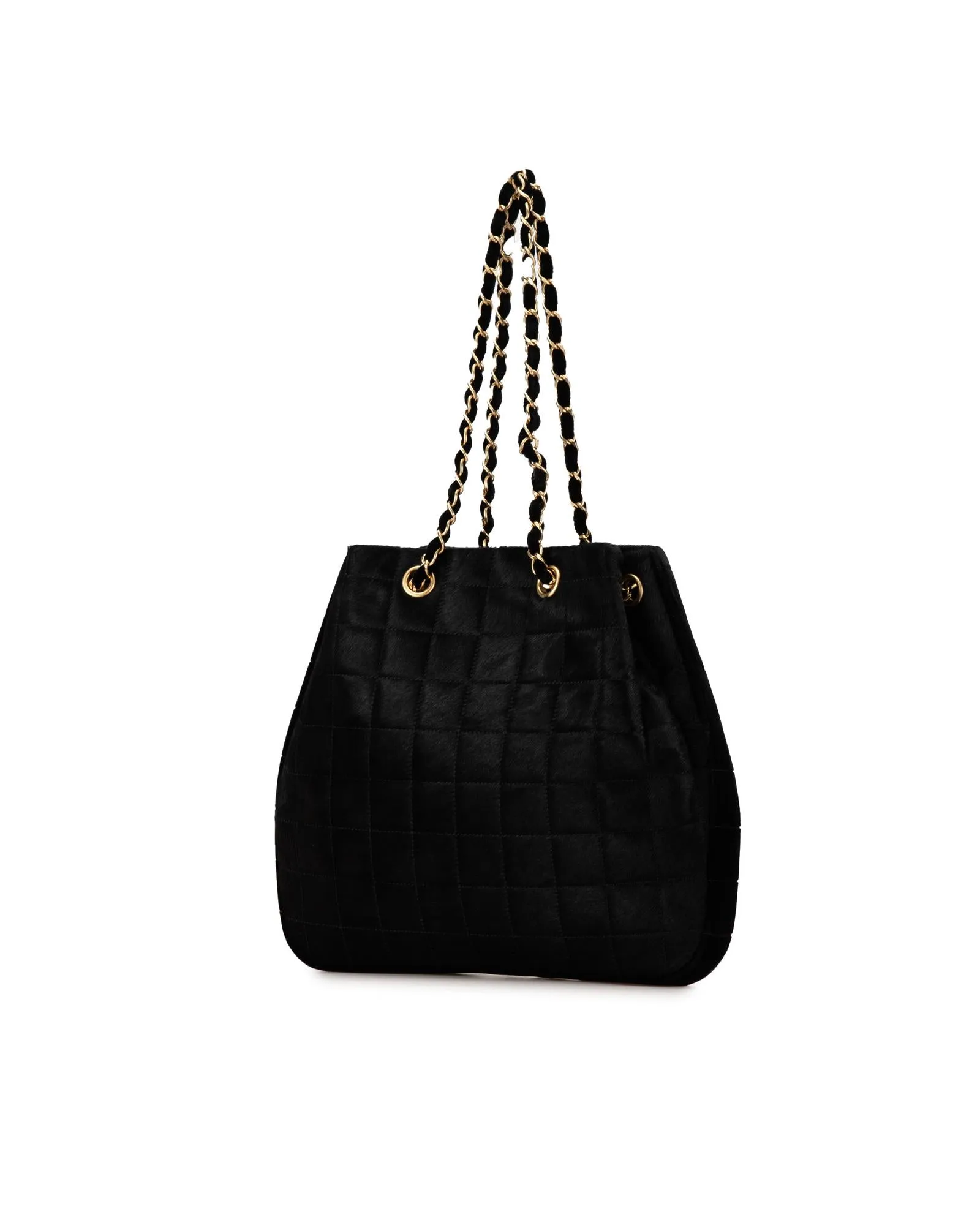 Quilted Pony Hair and Velour Drawstring Tote with Chain Straps