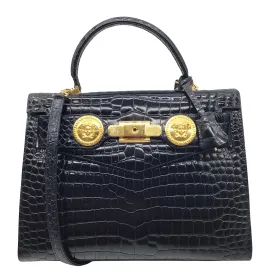 Versace Vintage 80's Croc Embossed Black Leather Satchel