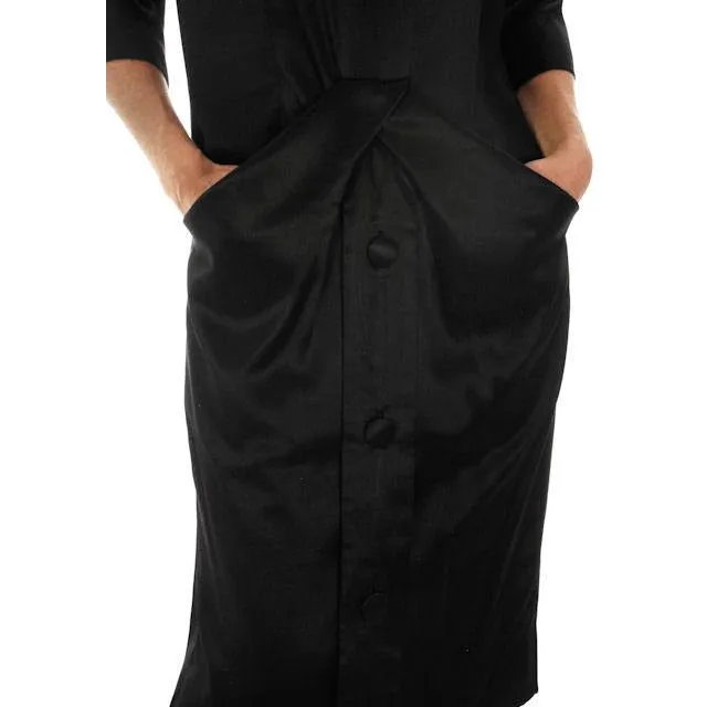 Vintage Black Silk Satin Cocktail Dress Sack Style Nina Ricci Couture Paris 1958 M